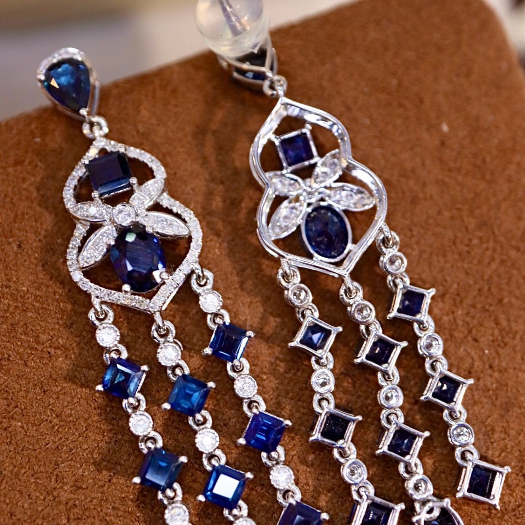 14k Gold 5.83 Ctw Natural Sapphire & Diamond Earrings - 5