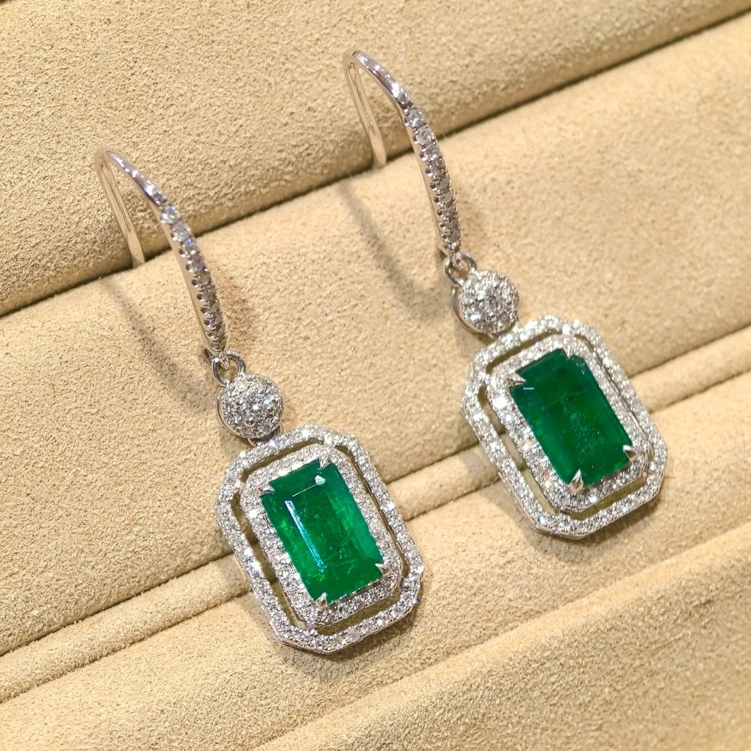 14k Gold 2.16 Ctw Vivid Green Natural Emerald & Diamond Earrings - 2