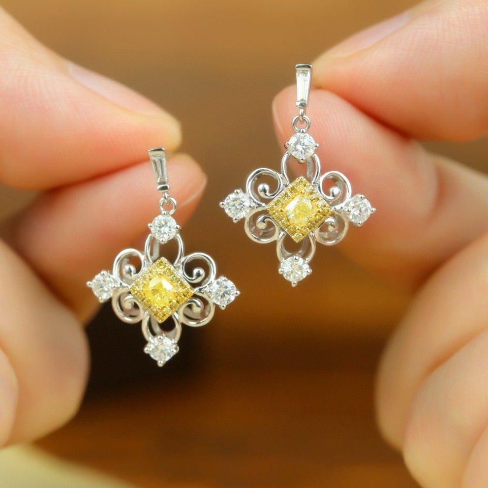 14k Gold 0.87 Ctw Natural Yellow Diamond & Diamond Earrings - 2
