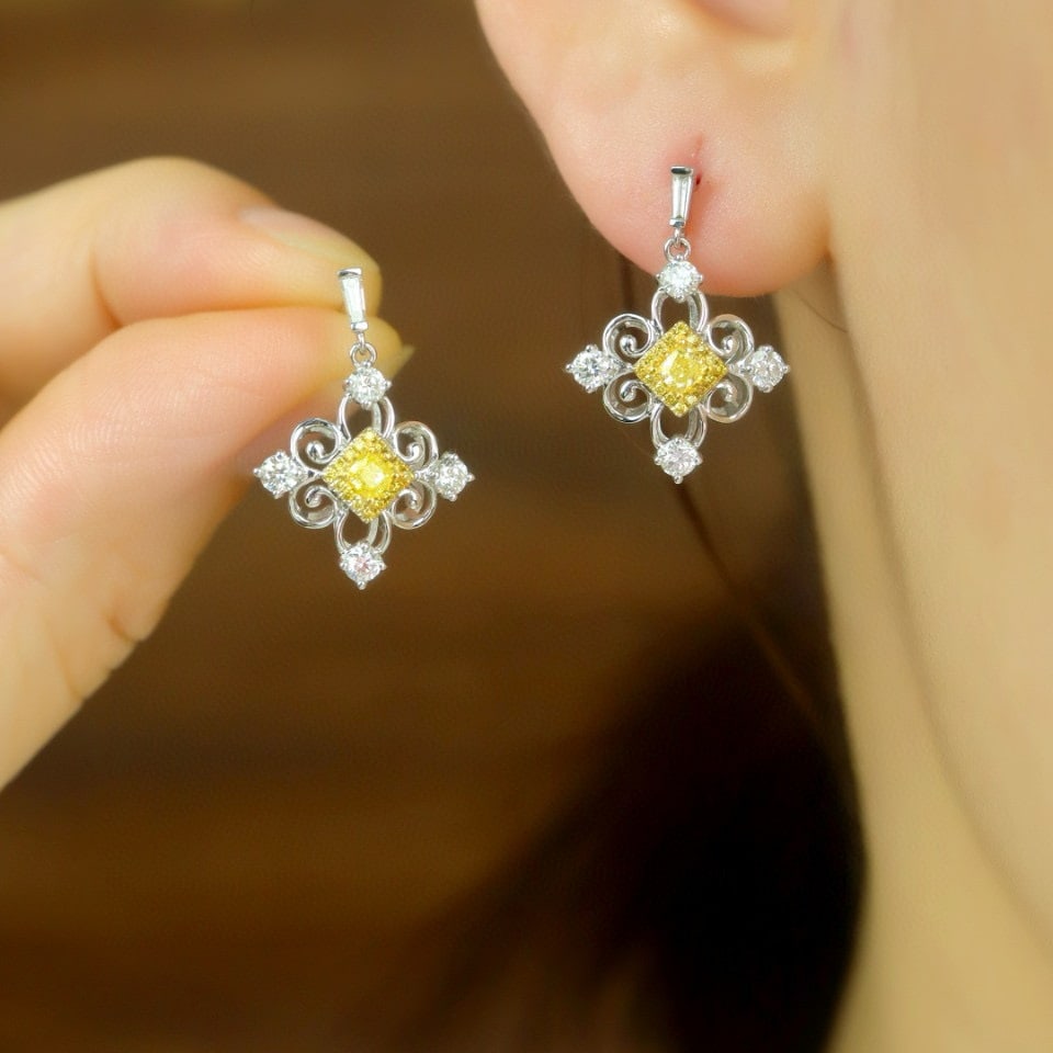 14k Gold 0.87 Ctw Natural Yellow Diamond & Diamond Earrings - 5