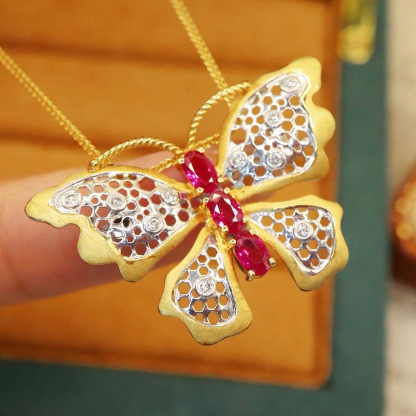 14k Gold 0.85 Ctw Natural Ruby & Diamond & Butterfly Brooch/pendant( Without Chain ) - 3