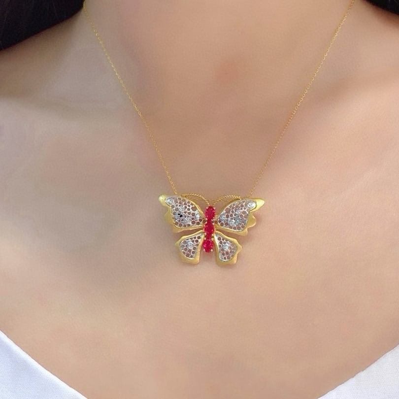 14k Gold 0.85 Ctw Natural Ruby & Diamond & Butterfly Brooch/pendant( Without Chain ) - 5
