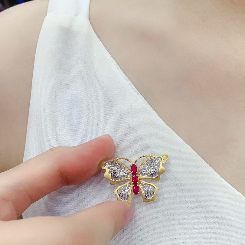 14k Gold 0.85 Ctw Natural Ruby & Diamond & Butterfly Brooch/pendant( Without Chain ) - 6