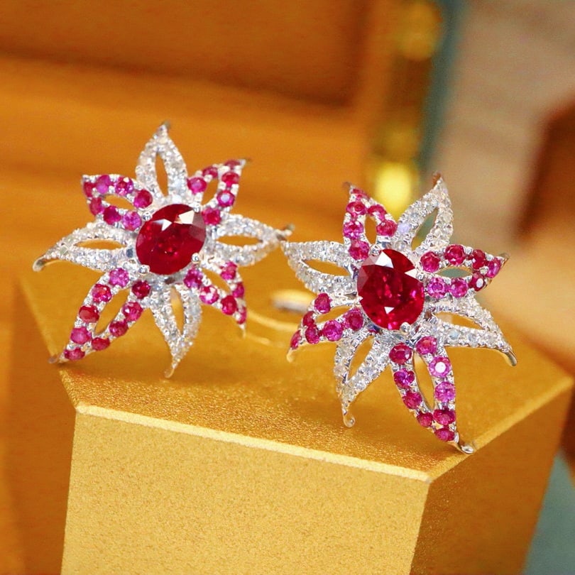 14k Gold 0.79 Ctw Natural Ruby & Diamond Earrings - 3