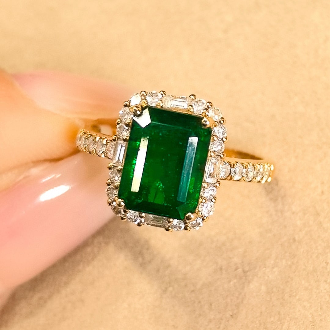 14k Gold 3.41 Ctw Vivid Green Natural Emerald & Diamond Ring - 5