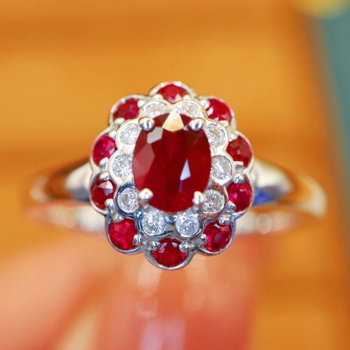 14k Gold 0.57 Ctw Natural Ruby & Diamond Ring: Ref:230954103 // gold content:14k gold // ring size:7. 25us // // main gemstone:ruby // shape:oval // carat weight:0. 47ct // color:pigeonblood red // treatment:natural // // adjacent gemstone 2 : dia