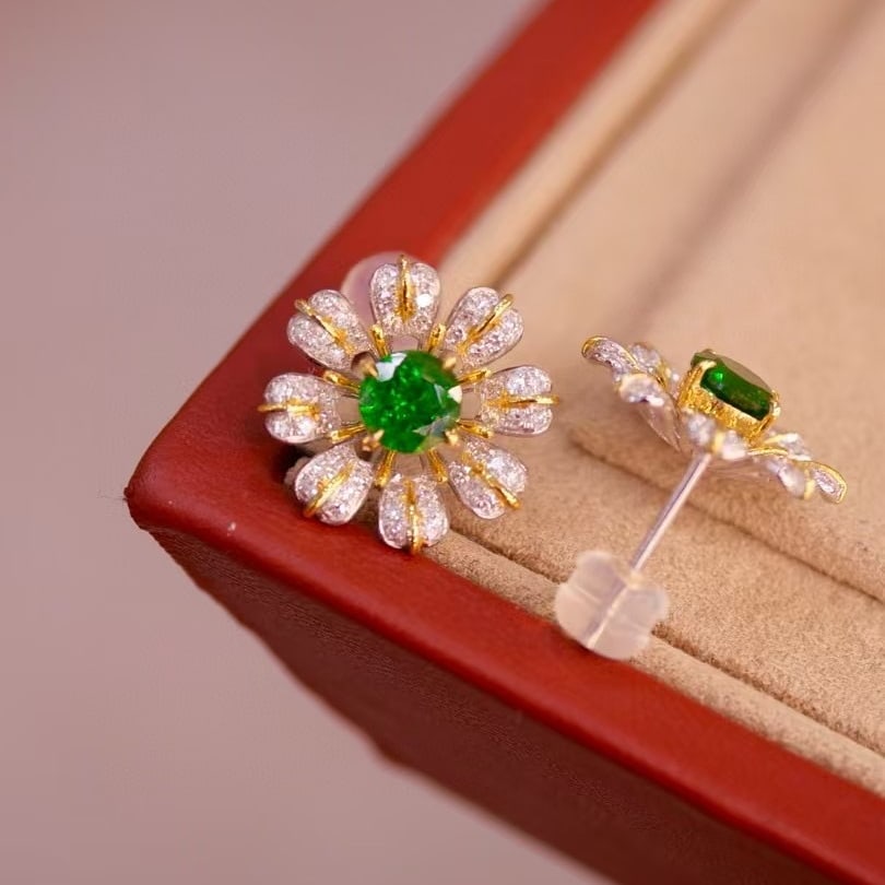 14k Gold 1.84 Ctw Vivid Green Natural Tsavorite & Diamond & Flowers Earrings - 5