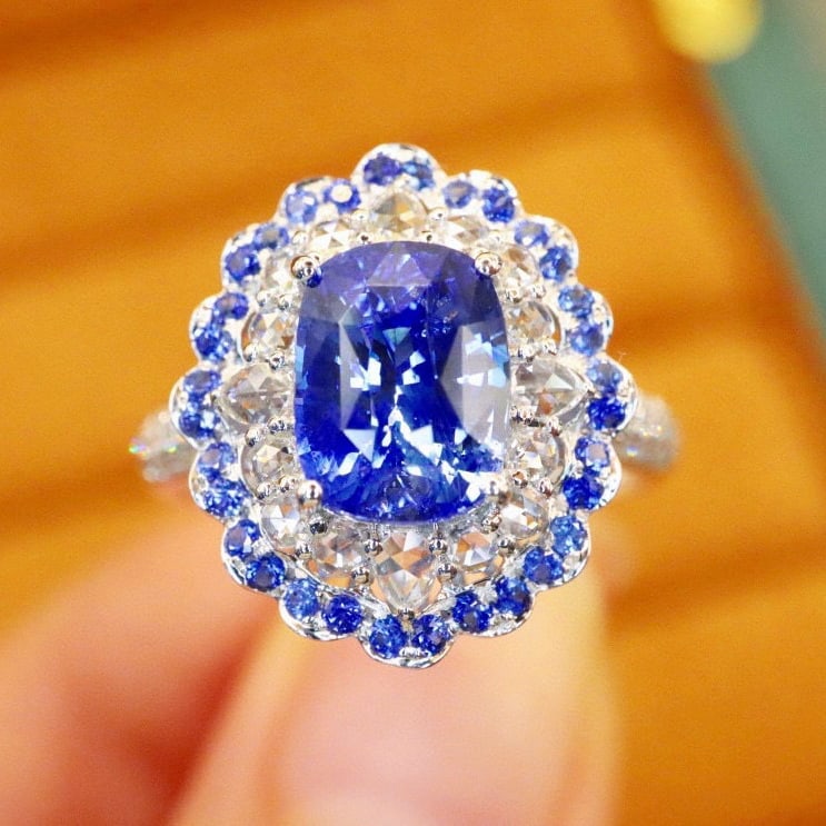 14k Gold 2.93 Ctw Natural Sapphire & Diamond Ring: Ref:230954161 // gold content:14k gold // ring size:7. 25us // // main gemstone:sapphire // shape:cushion // carat weight:2. 55ct // color:blue // treatment:natural // // adjacent gemstone 2 :