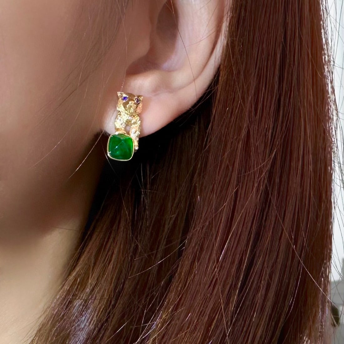 14k Gold 2.27 Ct Vivid Green Natural Emerald & Diamond & Sapphire Earrings - 4
