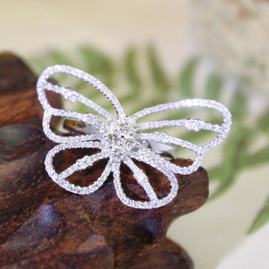 14k Gold 0.85 Ct Natural H Diamond & Butterfly Ring - 2