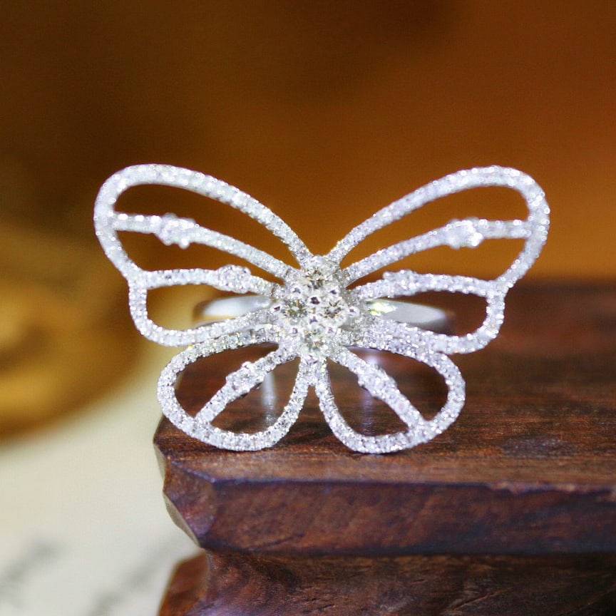 14k Gold 0.85 Ct Natural H Diamond & Butterfly Ring - 3