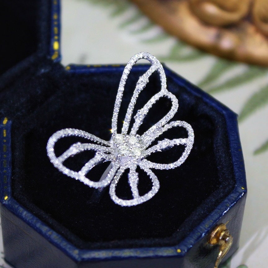 14k Gold 0.85 Ct Natural H Diamond & Butterfly Ring - 4