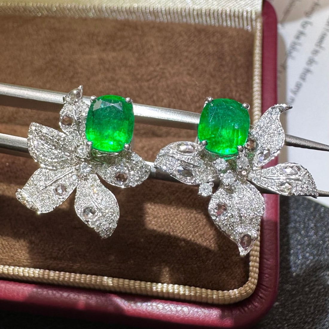 14k Gold 1.73 Ct Vivid Green Natural Emerald & Diamond & Sapphire Earrings - 3