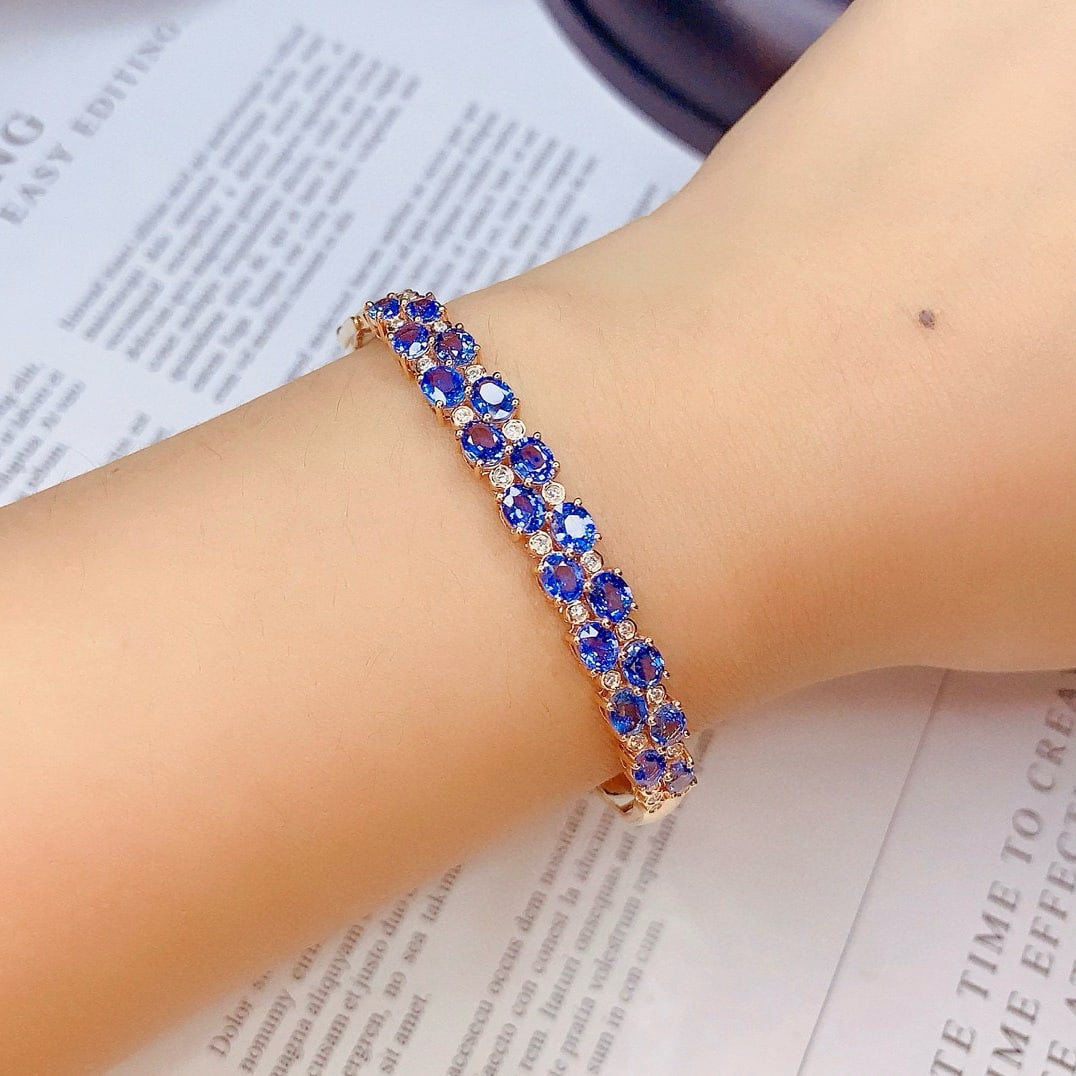 14k Gold 7.8 Ct Natural Sapphire & Diamond Bangle - 5