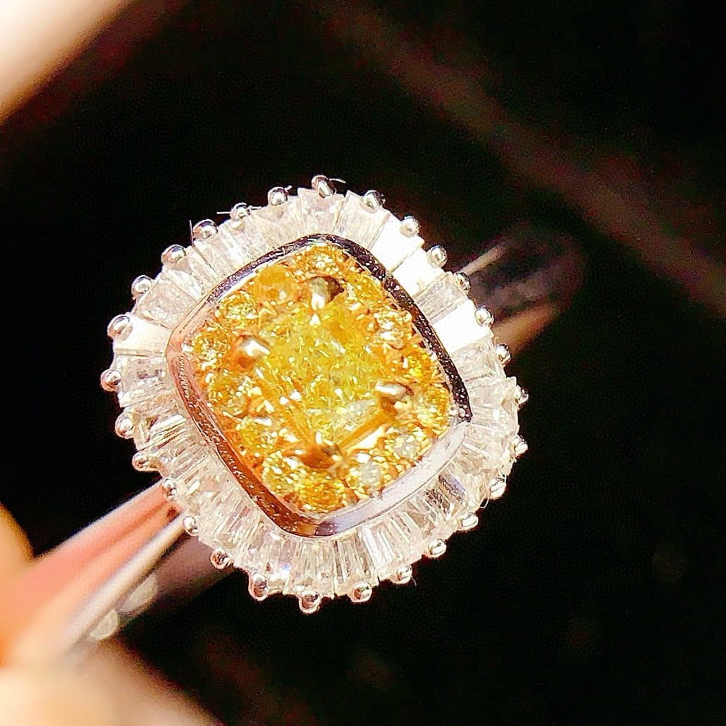 14k Gold 0.25 Ct Natural Yellow Diamond & Diamond Ring: Ref:230954209 // gold content:14k gold // ring size:7. 25us // // main gemstone:yellow diamond // shape:cushion // carat weight:0. 25ct // color:yellow // treatment:natural // // adjacent gemstone