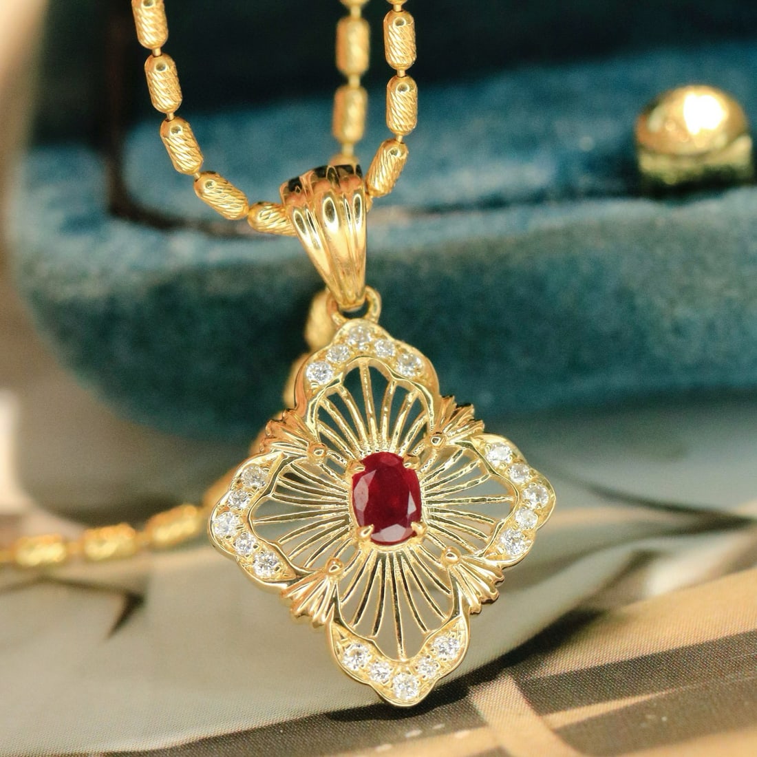 14k Gold 0.29 Ctw Natural Ruby & Diamond Pendant( Without Chain ) - 2