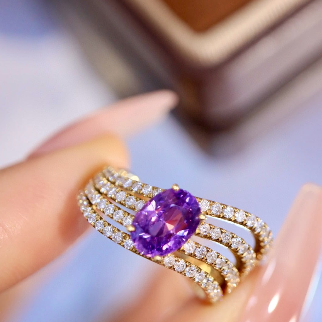 14k Gold 2.29 Ctw Natural Sapphire & Diamond Ring: Ref:230954221 // gold content:14k gold // ring size:7. 25us // // main gemstone:sapphire // shape:oval // carat weight:1. 73ct // color:purple // treatment:natural // // adjacent gemstone 2 : diamond