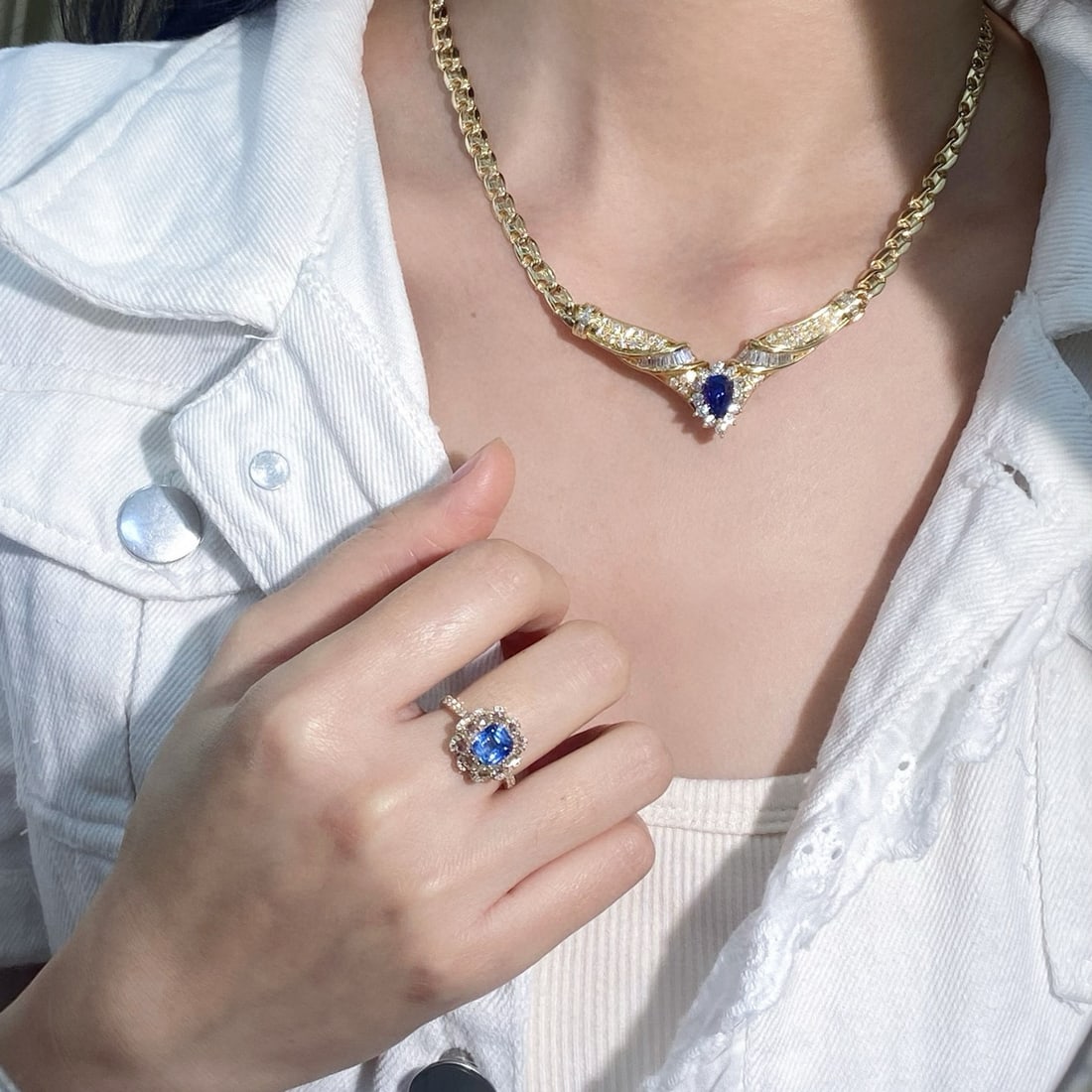 14k Gold 5.03 Ctw Natural Sapphire & Diamond Necklace - 8