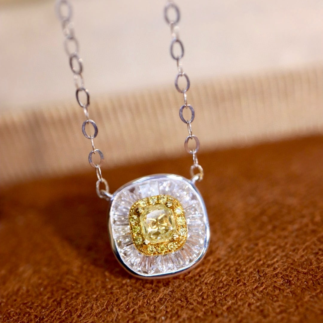14k Gold 0.45 Ctw Natural Yellow Diamond & Diamond Necklace: Ref:230954236 // gold content:14k gold // main gemstone:yellow diamond // shape:cushion // carat weight:0. 15ct // color:yellow // treatment:natural // // adjacent gemstone 2 : diamond //