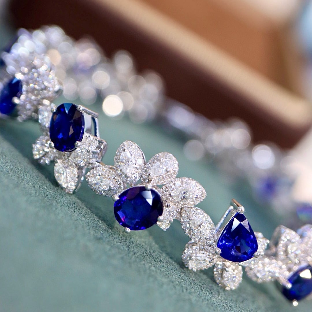 14k Gold 11.95 Ctw Vivid Blue Natural Sapphire & Diamond Bracelet - 7