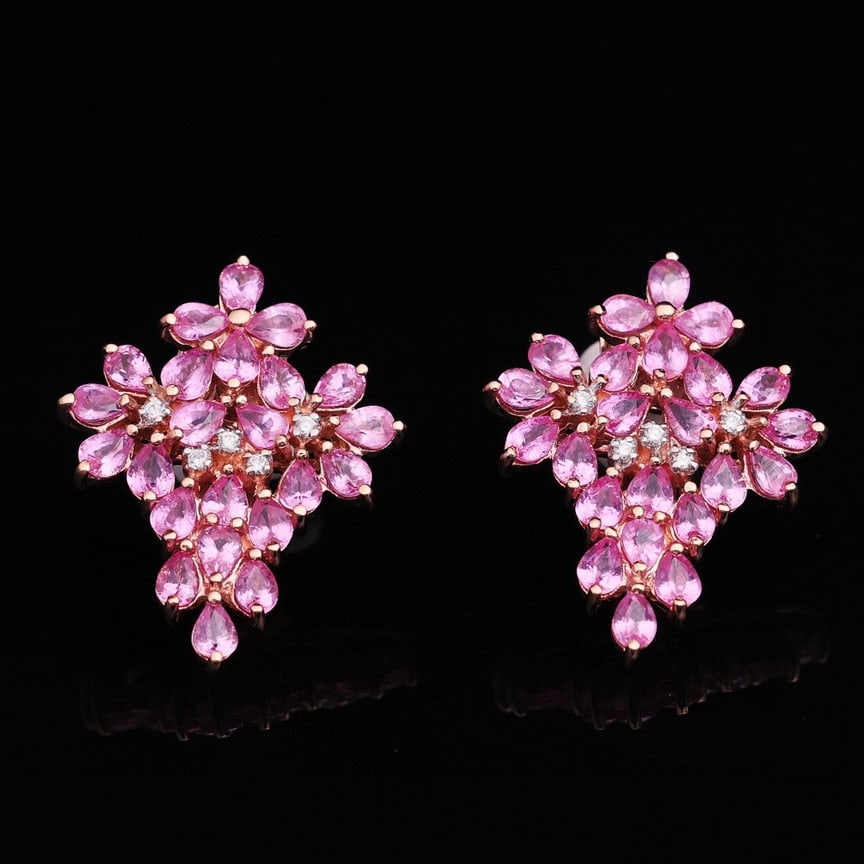 14k Gold 10 Ct Natural Padparadscha Sapphire & Diamond Earrings: Ref:230954246 // gold content:14k gold // main gemstone:padparadscha sapphire // shape:pear // carat weight:10ct // color:orangish pink // treatment:natural // // adjacent gemstone 2 : diamond //