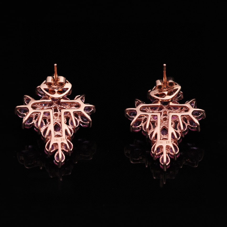 14k Gold 10 Ct Natural Padparadscha Sapphire & Diamond Earrings - 3