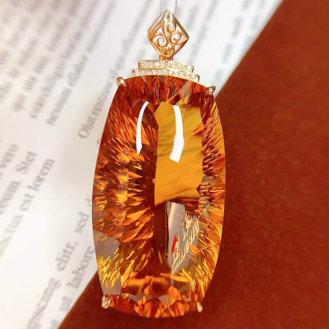 14k Gold 85.6 Ct Natural Citrine & Diamond Pendant( Without Chain ): Ref:230954256 // gold content:14k gold // main gemstone:citrine // shape:cushion // carat weight:85. 6ct // color:yellow // treatment:natural // // adjacent gemstone 2 : diamond // number of stones:20