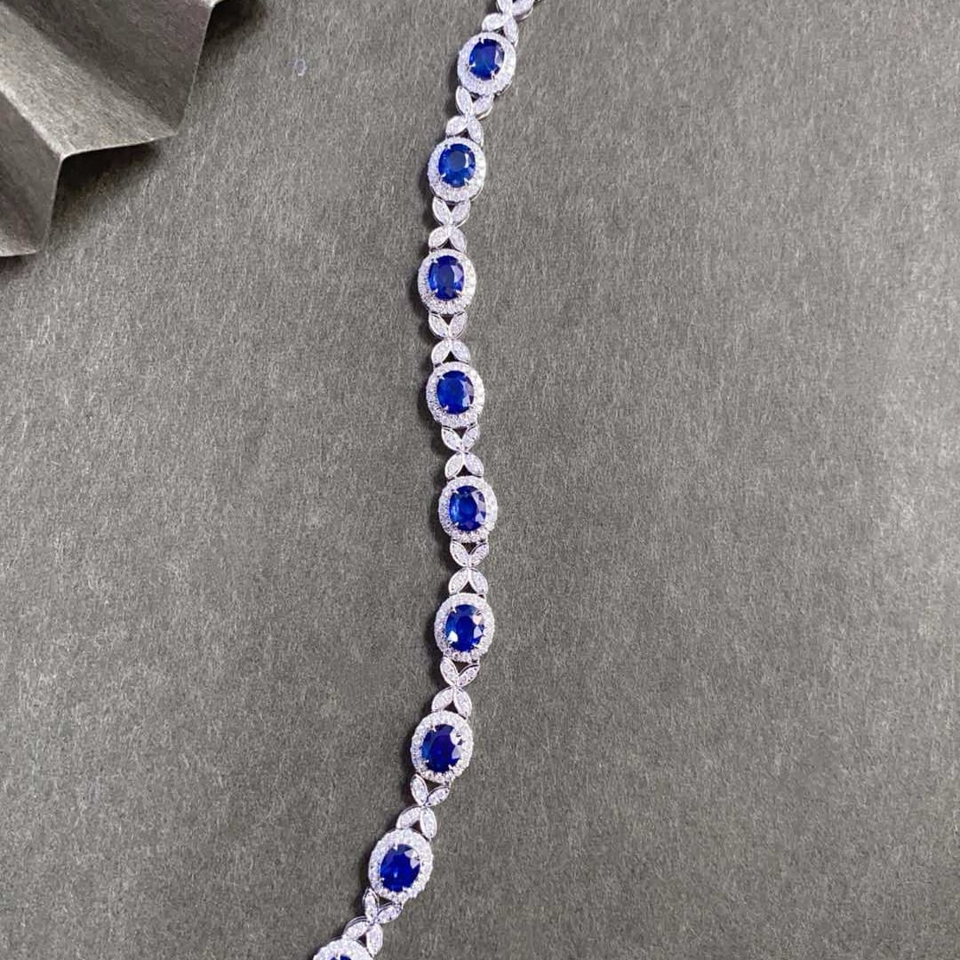 14k Gold 9.83 Ctw Vivid Blue Natural Sapphire & Diamond Bracelet - 7
