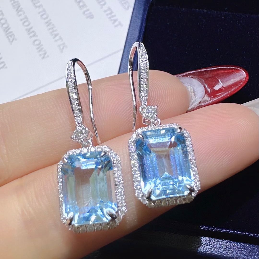 14k Gold 7.43 Ctw Natural Aquamarine & Diamond Earrings - 2