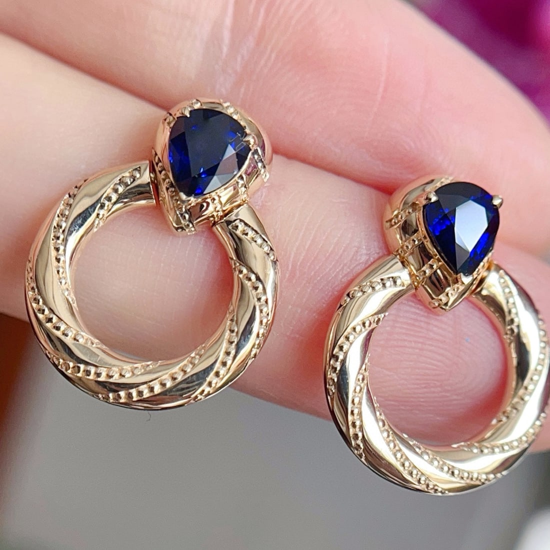 14k Gold 1.3 Ct Natural Sapphire Earrings - 6