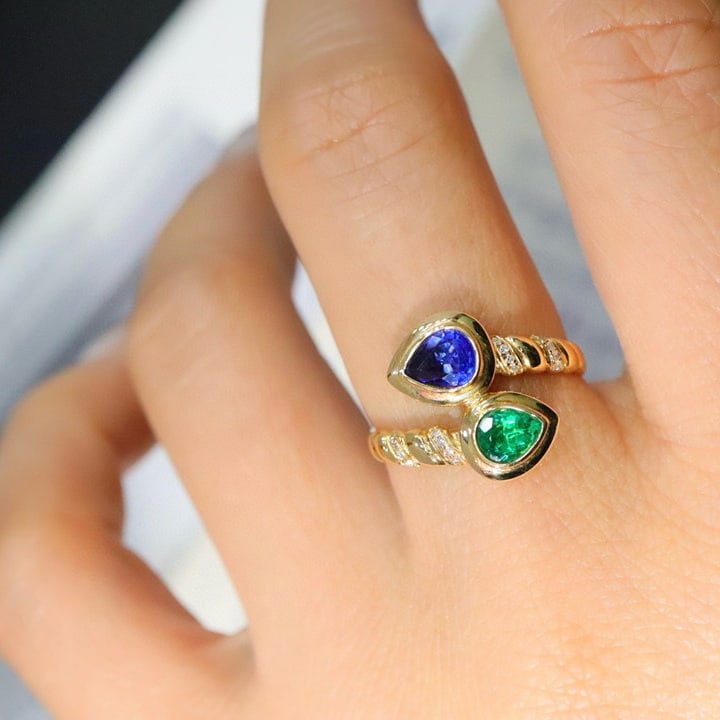 14k Gold 0.75 Ctw Natural Sapphire & Emerald & Toi Et Moi Ring - 6
