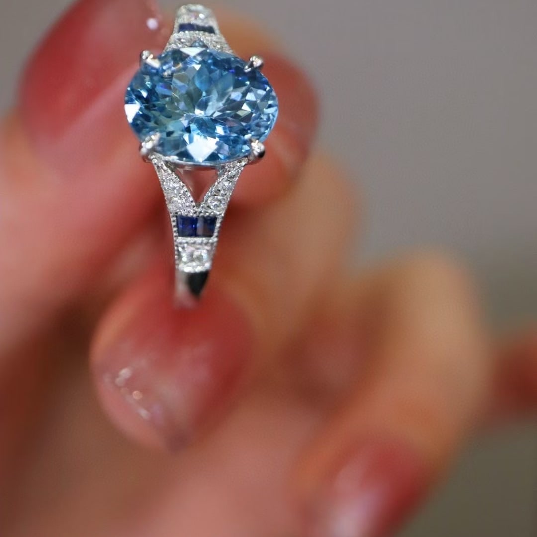 14k Gold 1.31 Ct Natural Aquamarine & Diamond & Sapphire Ring - 3