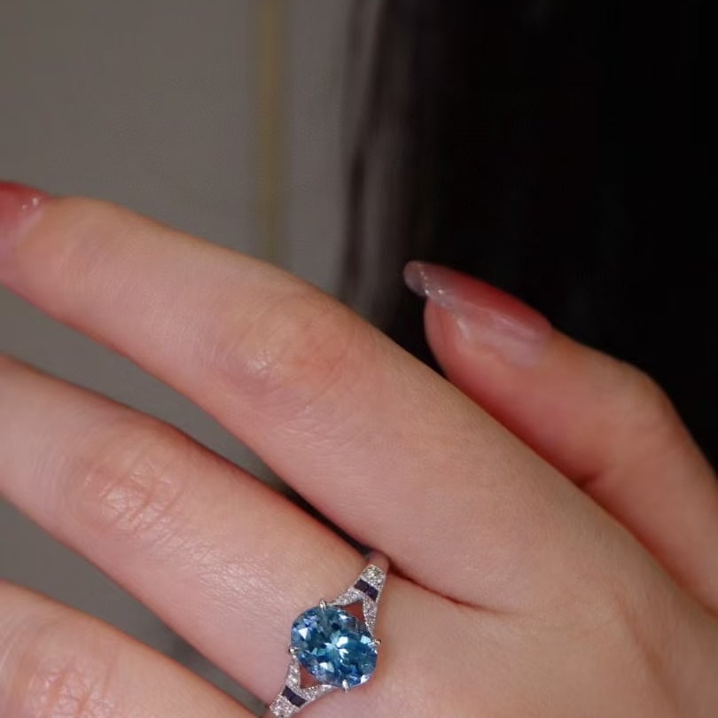 14k Gold 1.31 Ct Natural Aquamarine & Diamond & Sapphire Ring - 4