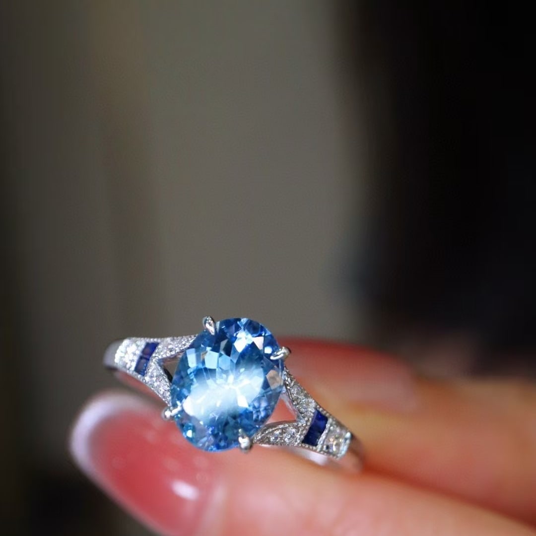 14k Gold 1.31 Ct Natural Aquamarine & Diamond & Sapphire Ring - 5