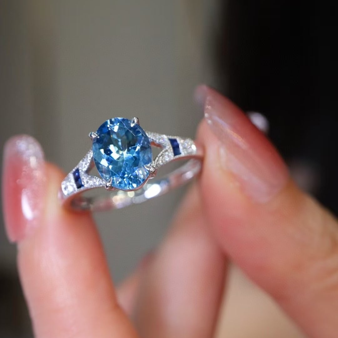 14k Gold 1.31 Ct Natural Aquamarine & Diamond & Sapphire Ring - 6