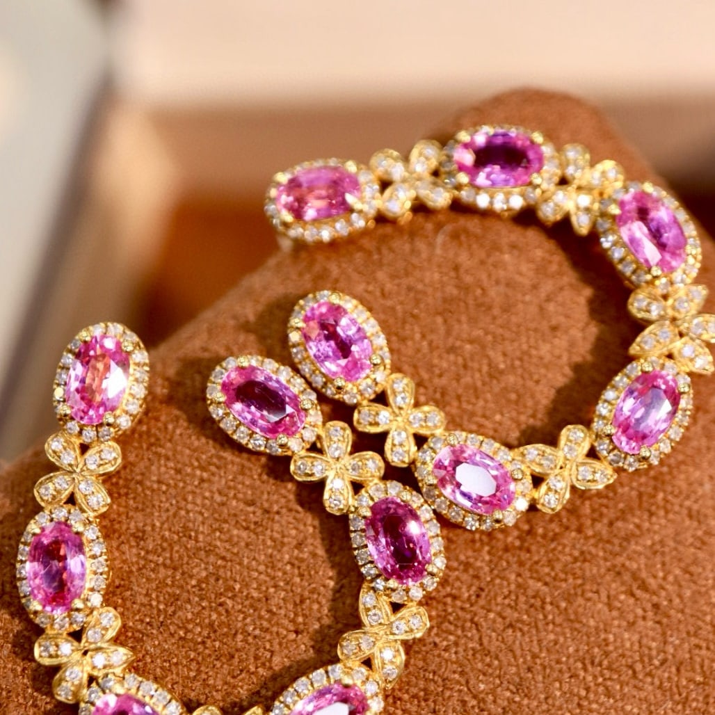 14k Gold 5.30 Ctw Natural Padparadscha Sapphire & Diamond Earrings - 2