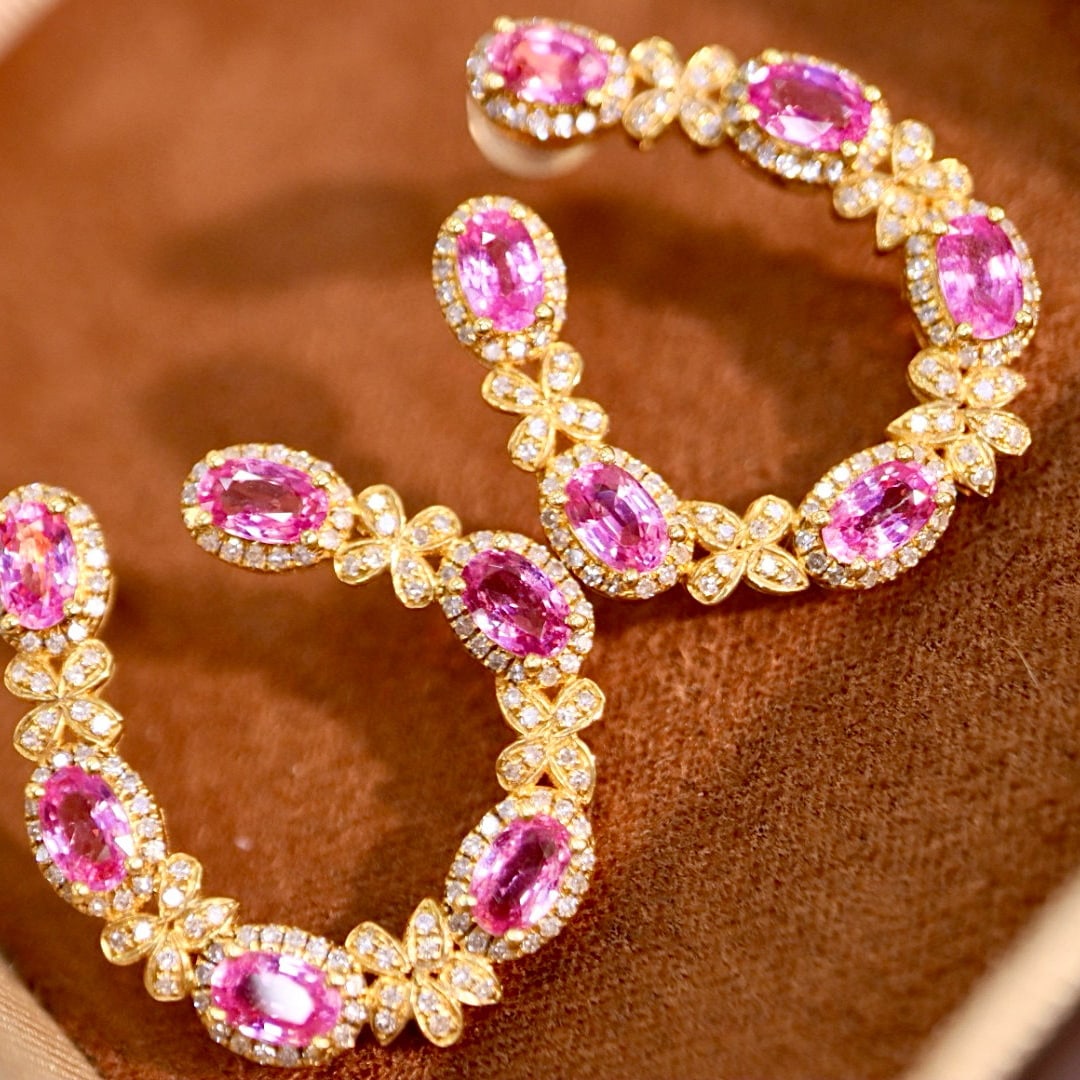 14k Gold 5.30 Ctw Natural Padparadscha Sapphire & Diamond Earrings - 3