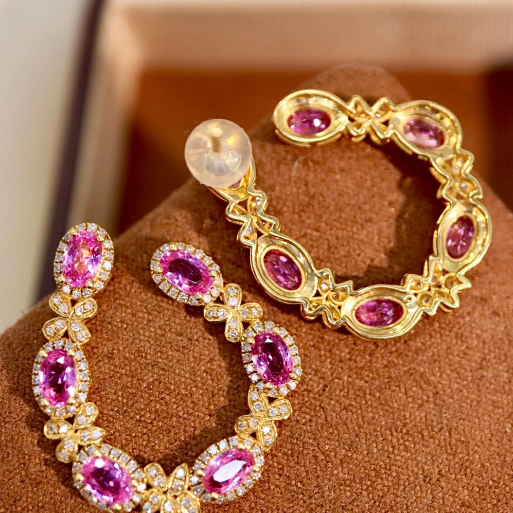 14k Gold 5.30 Ctw Natural Padparadscha Sapphire & Diamond Earrings - 4