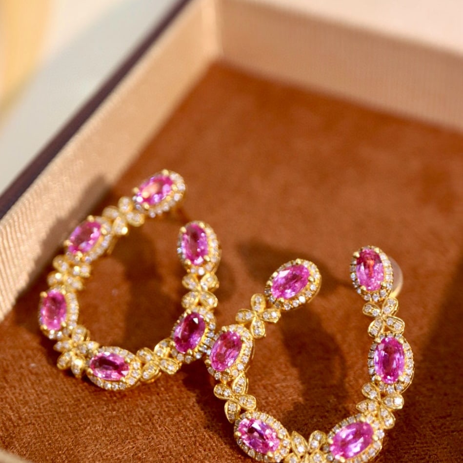 14k Gold 5.30 Ctw Natural Padparadscha Sapphire & Diamond Earrings - 5