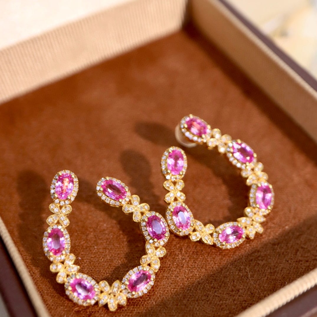 14k Gold 5.30 Ctw Natural Padparadscha Sapphire & Diamond Earrings - 6