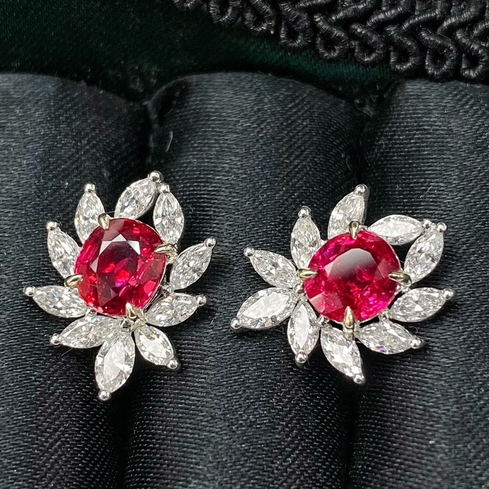 14k Gold 2.12 Ct Natural Ruby & Diamond Earrings: Ref:230954378 // gold content:14k gold // main gemstone:ruby // shape:oval // carat weight:2. 12ct // color:pigeonblood red // treatment:natural // // adjacent gemstone 2 : diamond // shape:marquise /