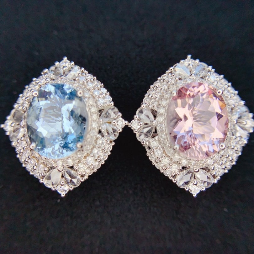 14k Gold 6.86 Ctw Natural Aquamarine & Morganite & Diamond Earrings: Ref:230954380 // gold content:14k gold // main gemstone:aquamarine & morganite // shape:oval // carat weight:4. 9ct // color:blue & pink // treatment:natural // // adjacent gemstone 2 : diamond //