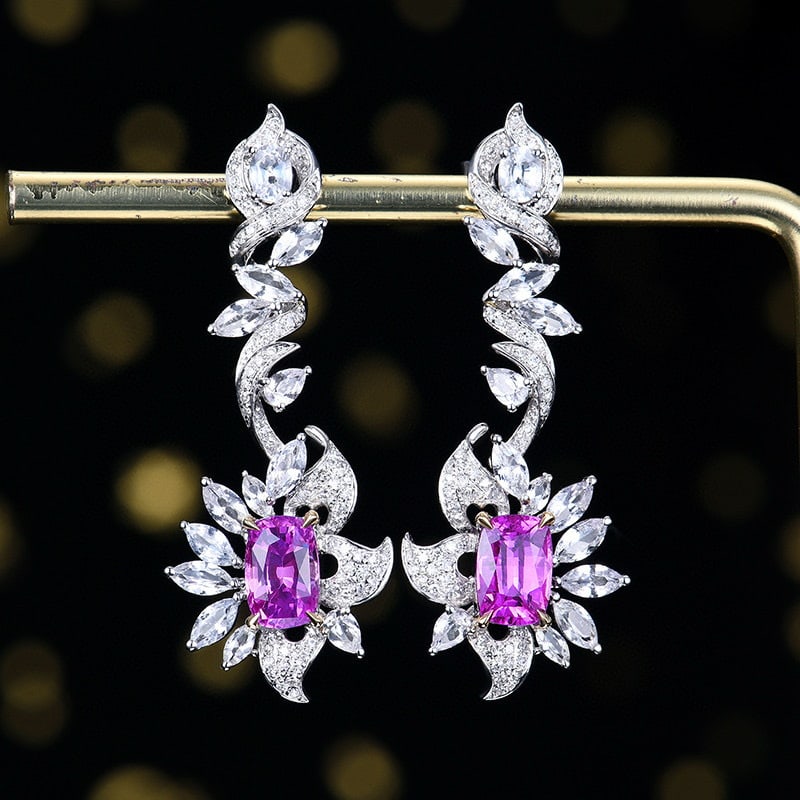 14k Gold 2.58 Ctw Natural Sapphire & Diamond Earrings: Ref:230954382 // gold content:14k gold // main gemstone:sapphire // shape:cushion // carat weight:2. 3ct // color:purple // treatment:natural // // adjacent gemstone 2 : diamond // number of stones:14