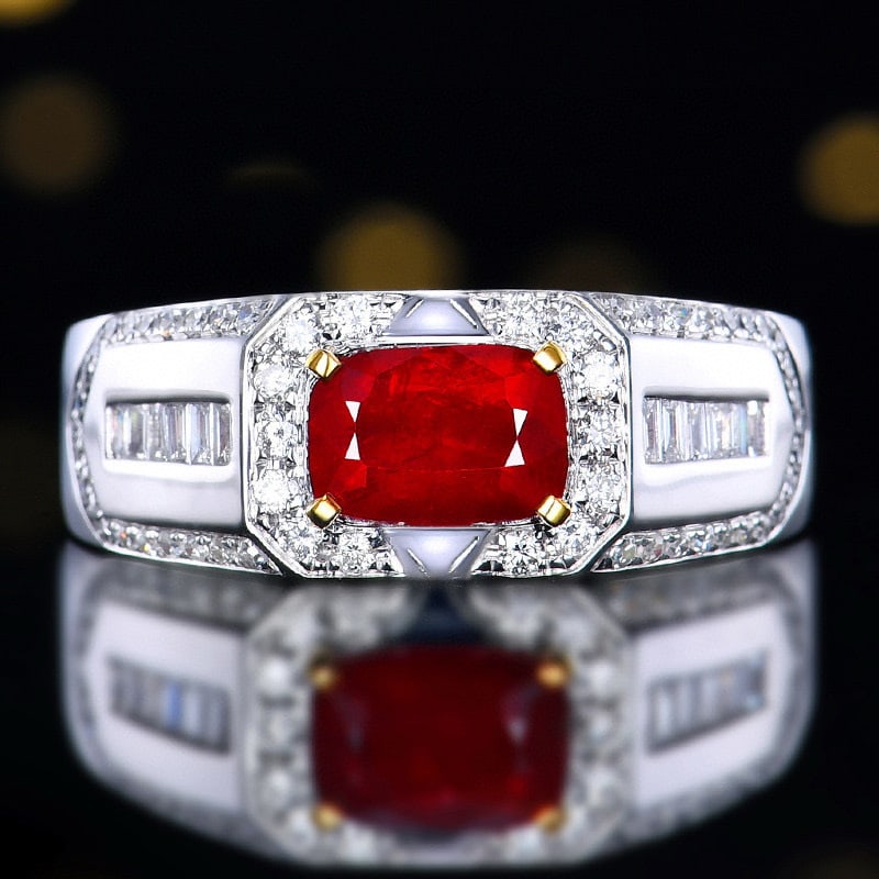14k Gold 2.38 Ctw Natural Ruby & Diamond & Men¡¯s Ring: Ref:230954384 // gold content:14k gold // ring size:8us // // main gemstone:ruby // shape:cushion // carat weight:1. 98ct // color:red // treatment:natural // // adjacent gemstone 2 : diamond // numbe