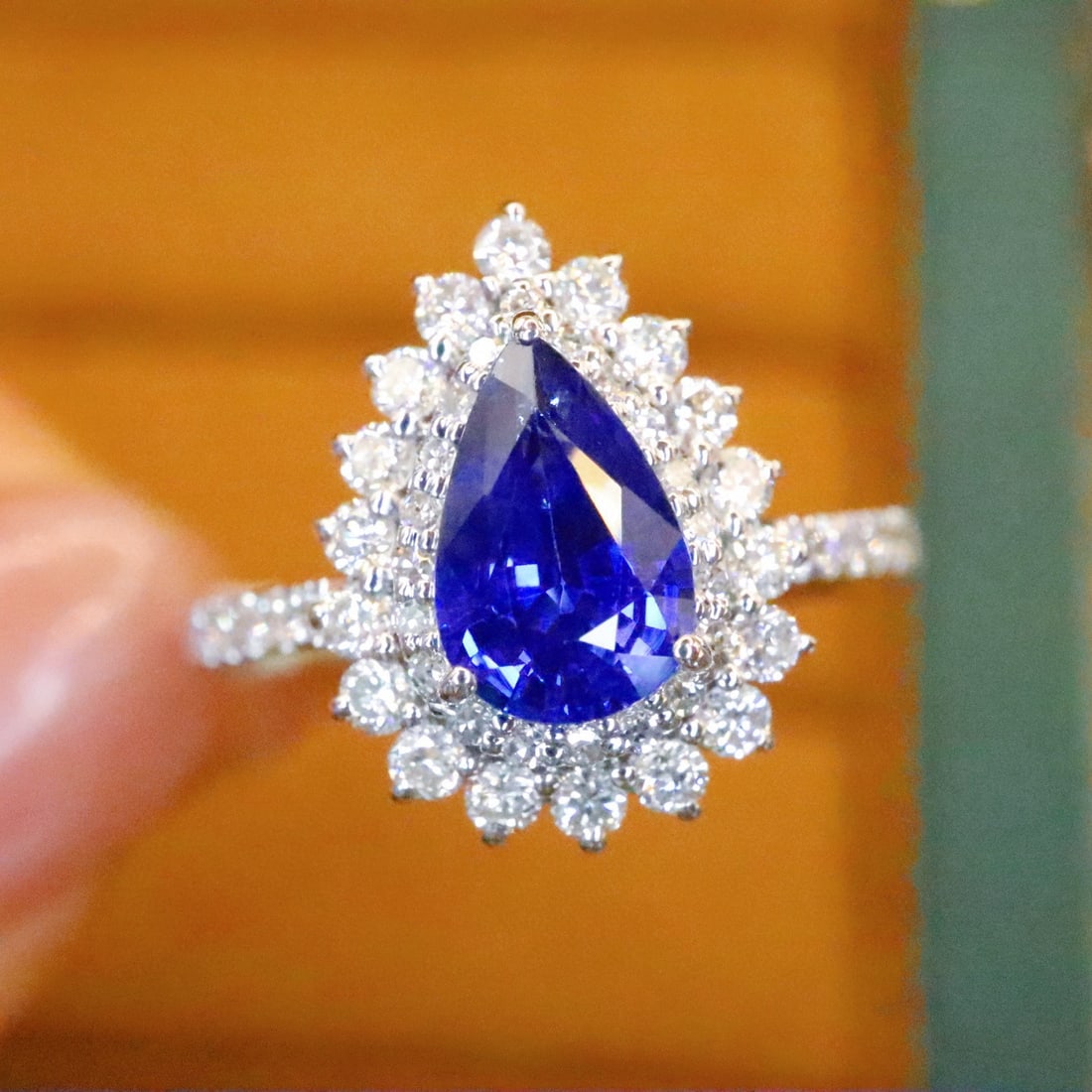 14k Gold 1.61 Ctw Natural Sapphire & Diamond Ring: Ref:230954396 // gold content:14k gold // ring size:7. 25us // // main gemstone:sapphire // shape:pear // carat weight:1. 10ct // color:royal blue // treatment:natural // // adjacent gemstone 2 : diam