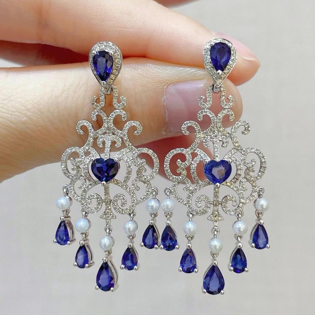 14k Gold 5.68 Ctw Natural Sapphire & Diamond Earrings - 2