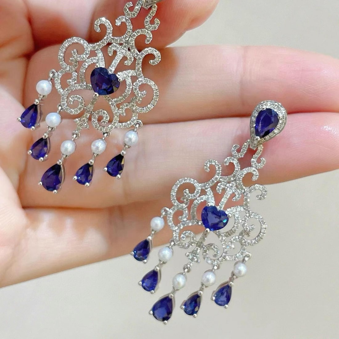 14k Gold 5.68 Ctw Natural Sapphire & Diamond Earrings - 4