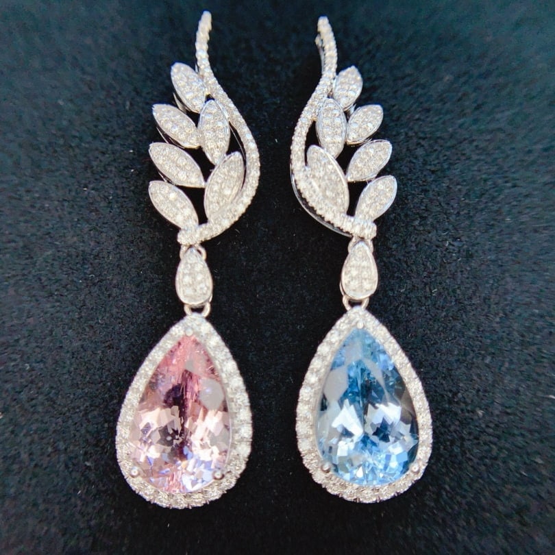 14k Gold 6.62 Ctw Natural Aquamarine & Morganite & Diamond Earrings: Ref:230954406 // gold content:14k gold // main gemstone:aquamarine & morganite // shape:pear // carat weight:5. 5ct // color:blue & pink // treatment:natural // // adjacent gemstone 2 : diamond //