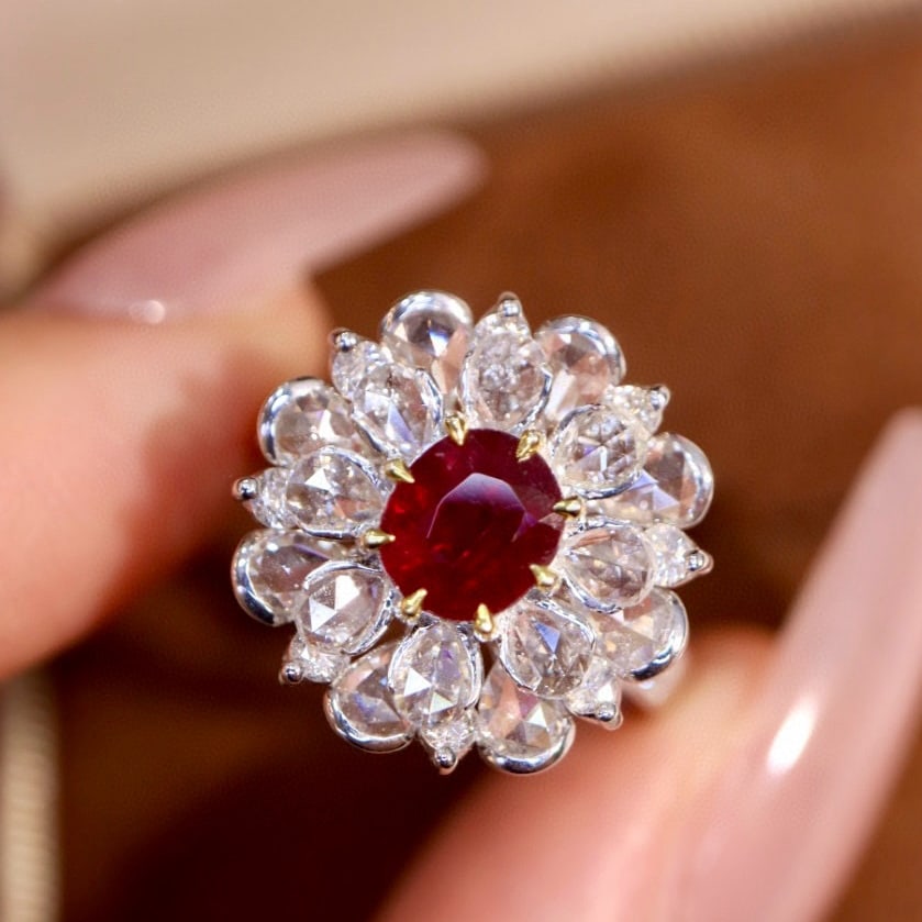 14k Gold 2.70 Ctw Natural Ruby & Diamond Ring: Ref:230954415 // gold content:14k gold // ring size:7. 25us // // main gemstone:ruby // shape:oval // carat weight:1. 35ct // color:pigeonblood red // treatment:natural // // adjacent gemstone 2 :