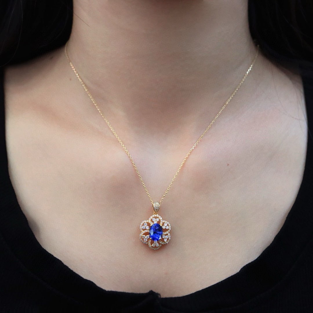 14k Gold 2.66 Ctw Natural Sapphire & Diamond Pendant( Without Chain ) - 8